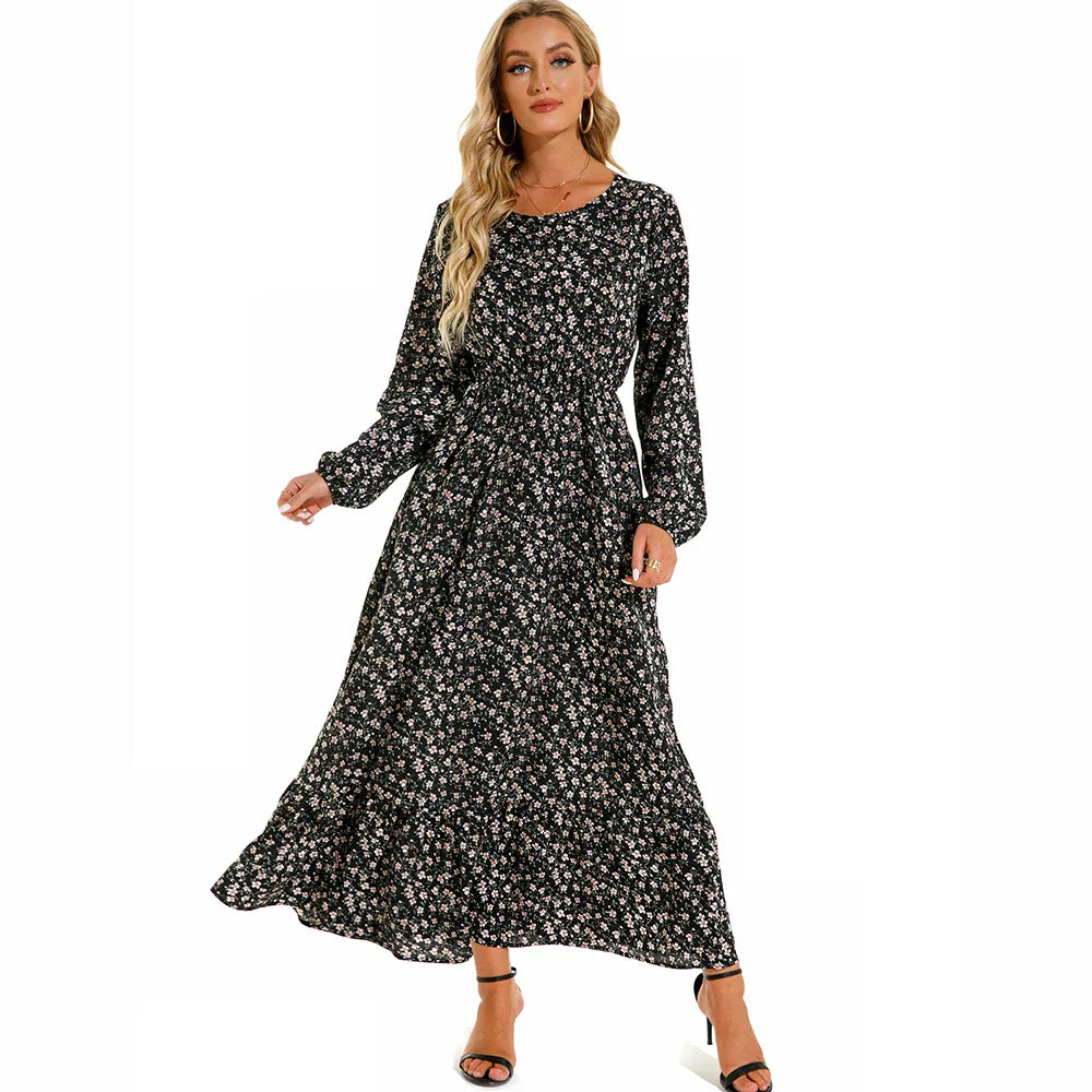 "Damen Maxikleid mit Blumenmuster im Boho-Stil, langärmelig, fließender Schnitt, ideal für Sommer, feminines Design"