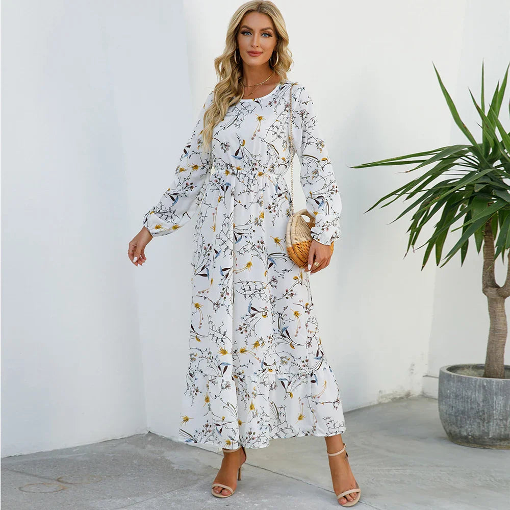 "Damen Maxikleid mit Blumenmuster im Boho-Stil, langärmelig, fließender Schnitt, ideal für Sommer, feminines Design"