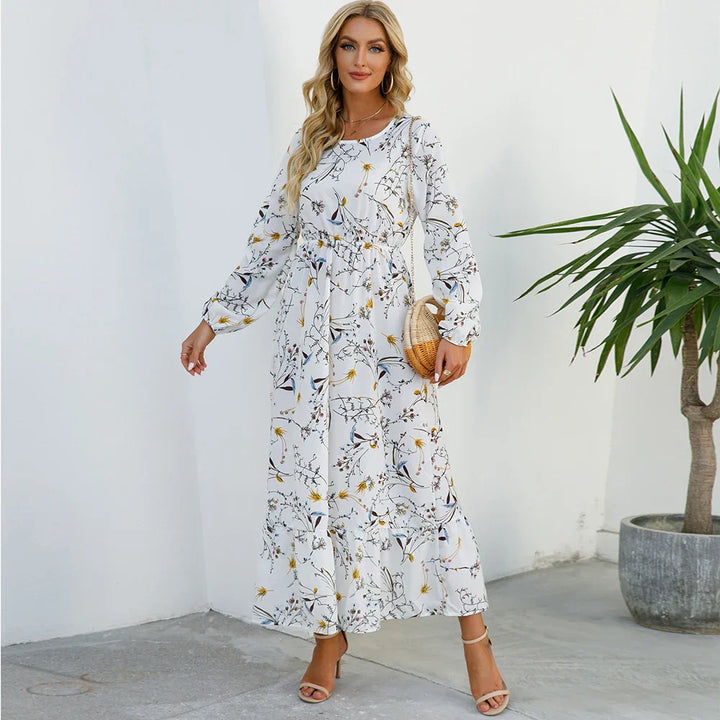 "Damen Maxikleid mit Blumenmuster im Boho-Stil, langärmelig, fließender Schnitt, ideal für Sommer, feminines Design"