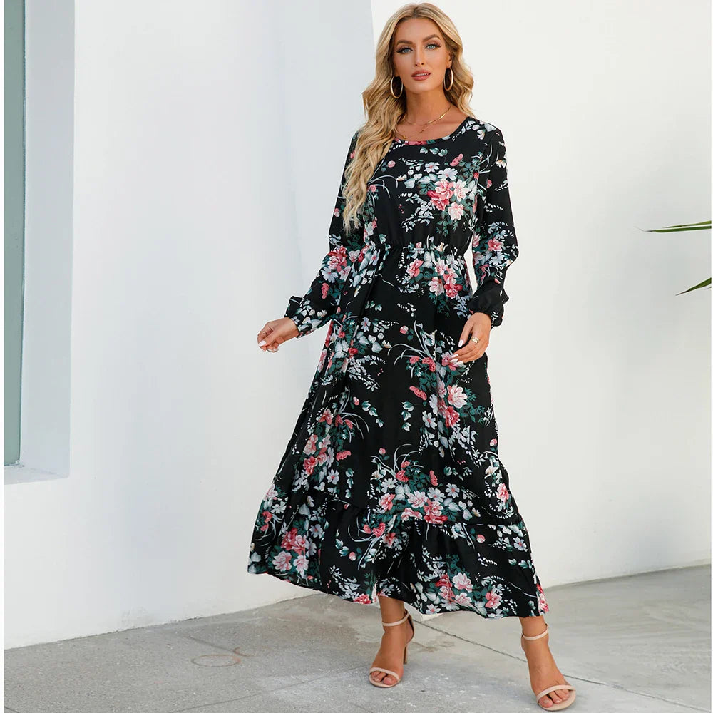 "Damen Maxikleid mit Blumenmuster im Boho-Stil, langärmelig, fließender Schnitt, ideal für Sommer, feminines Design"