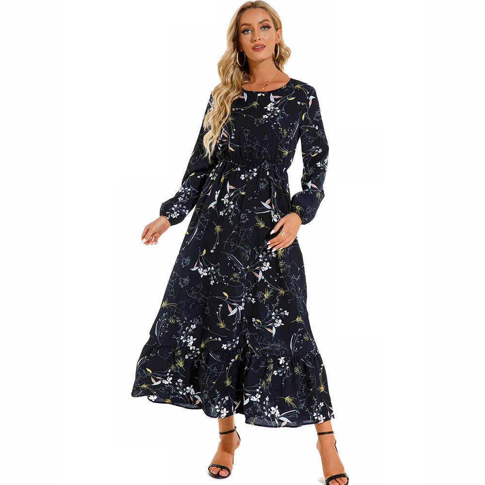 "Damen Maxikleid mit Blumenmuster im Boho-Stil, langärmelig, fließender Schnitt, ideal für Sommer, feminines Design"