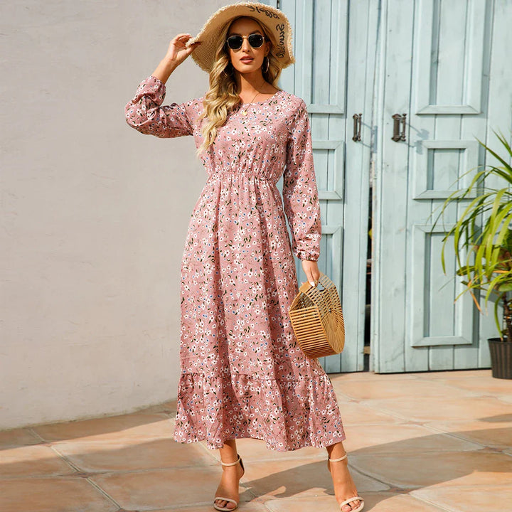 "Damen Maxikleid mit Blumenmuster im Boho-Stil, langärmelig, fließender Schnitt, ideal für Sommer, feminines Design"