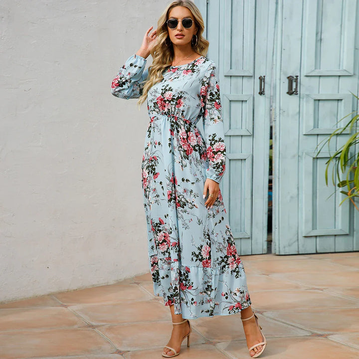 "Damen Maxikleid mit Blumenmuster im Boho-Stil, langärmelig, fließender Schnitt, ideal für Sommer, feminines Design"