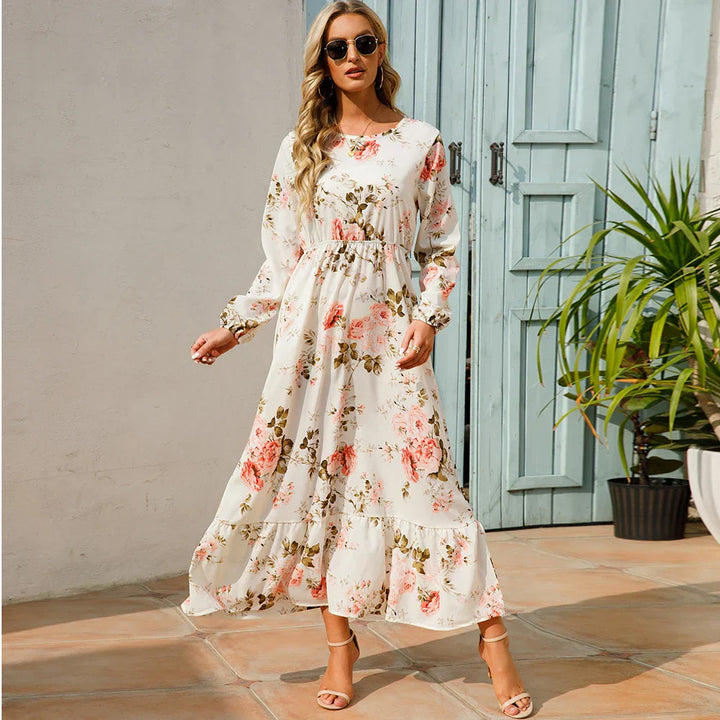 "Damen Maxikleid mit Blumenmuster im Boho-Stil, langärmelig, fließender Schnitt, ideal für Sommer, feminines Design"