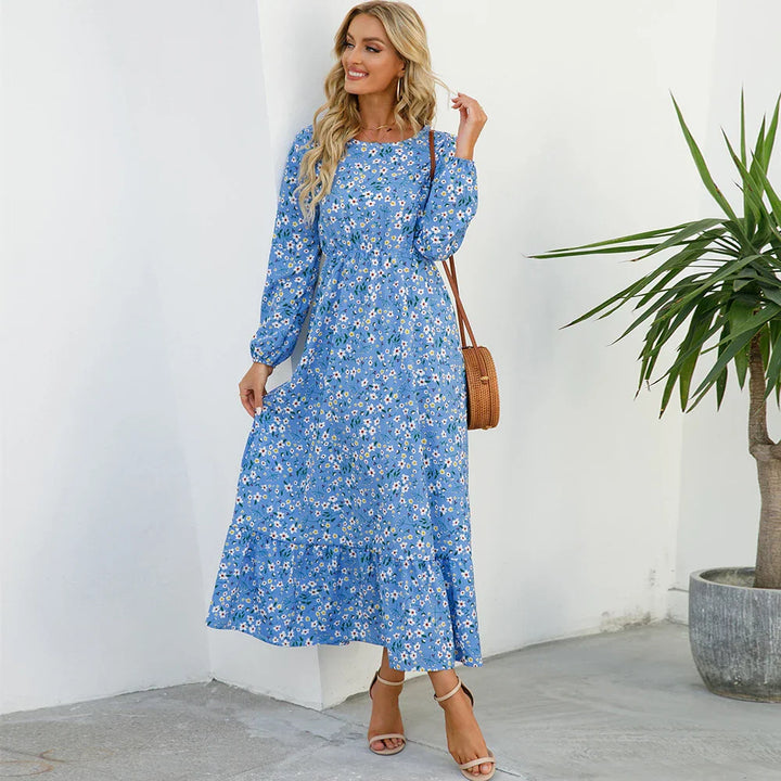 "Damen Maxikleid mit Blumenmuster im Boho-Stil, langärmelig, fließender Schnitt, ideal für Sommer, feminines Design"