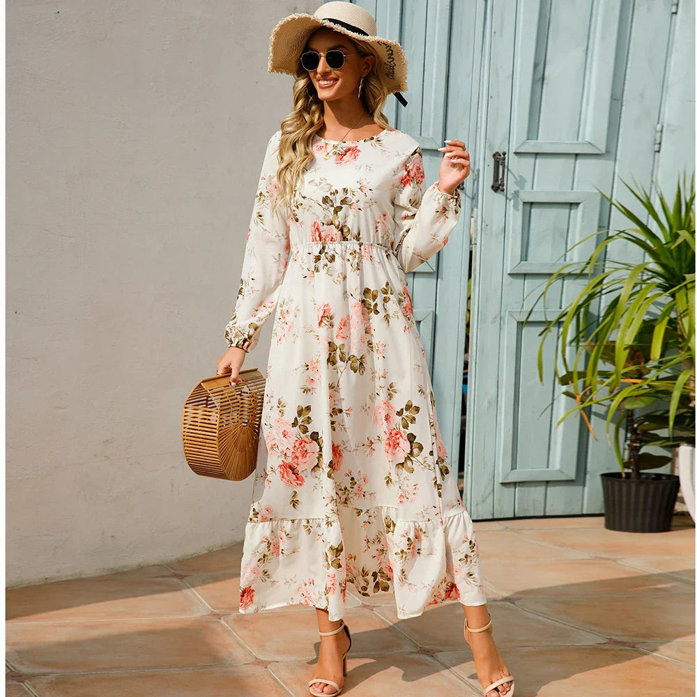 "Damen Maxikleid mit Blumenmuster im Boho-Stil, langärmelig, fließender Schnitt, ideal für Sommer, feminines Design"