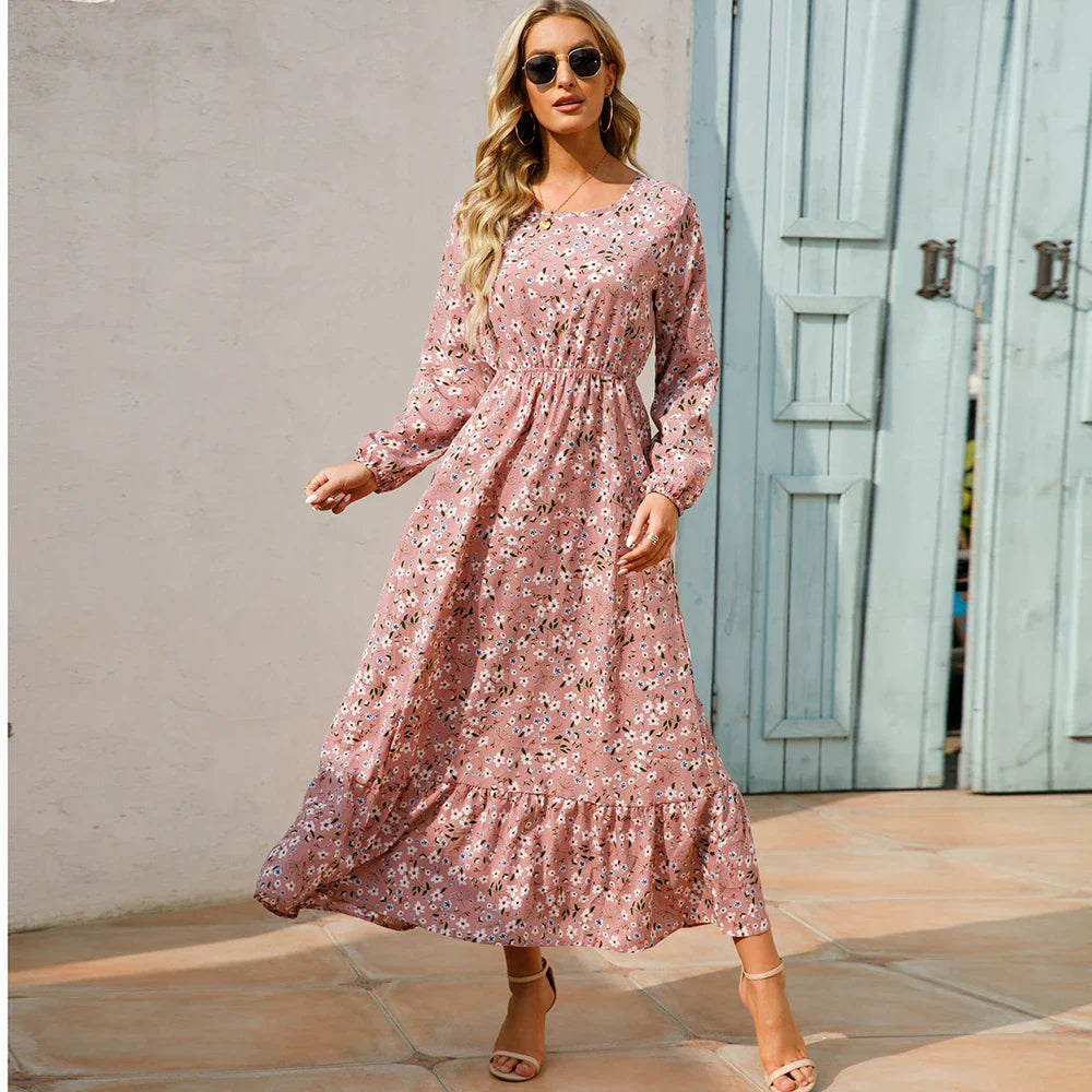 "Damen Maxikleid mit Blumenmuster im Boho-Stil, langärmelig, fließender Schnitt, ideal für Sommer, feminines Design"
