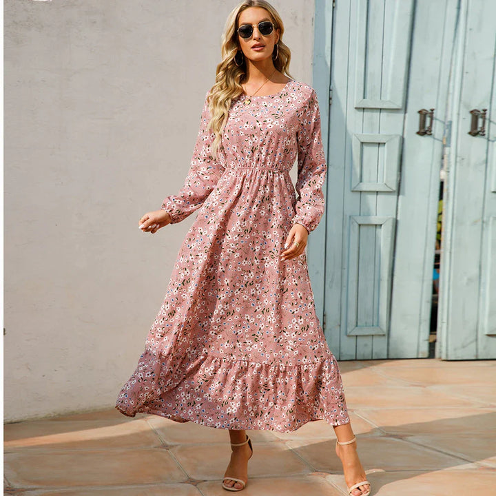 "Damen Maxikleid mit Blumenmuster im Boho-Stil, langärmelig, fließender Schnitt, ideal für Sommer, feminines Design"