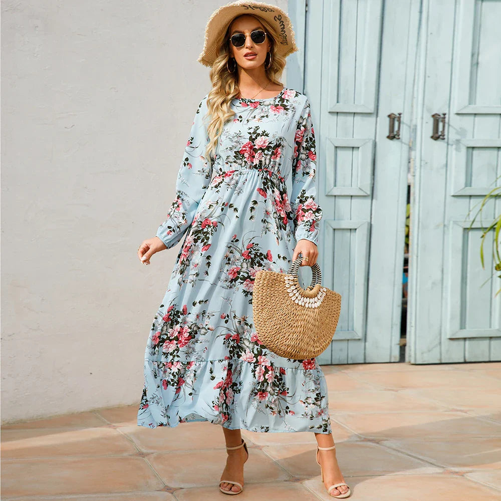 "Damen Maxikleid mit Blumenmuster im Boho-Stil, langärmelig, fließender Schnitt, ideal für Sommer, feminines Design"
