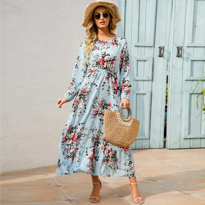 "Damen Maxikleid mit Blumenmuster im Boho-Stil, langärmelig, fließender Schnitt, ideal für Sommer, feminines Design"