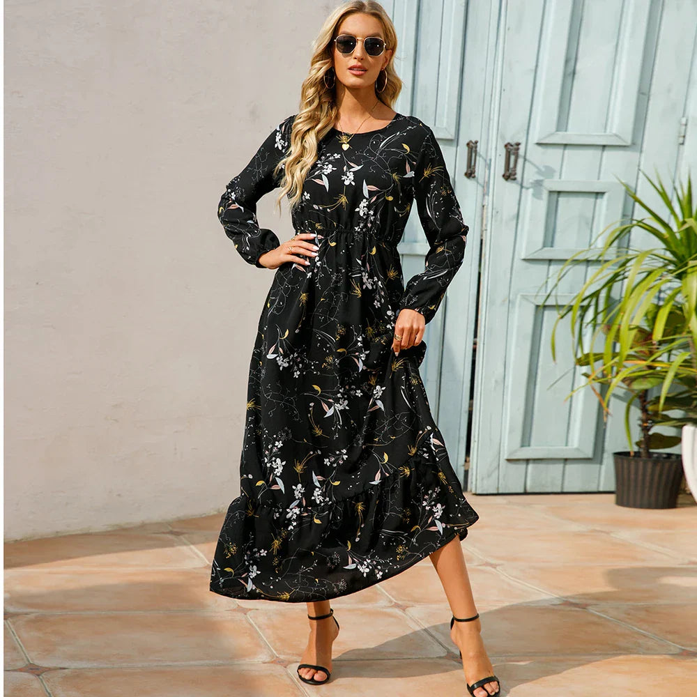 "Damen Maxikleid mit Blumenmuster im Boho-Stil, langärmelig, fließender Schnitt, ideal für Sommer, feminines Design"