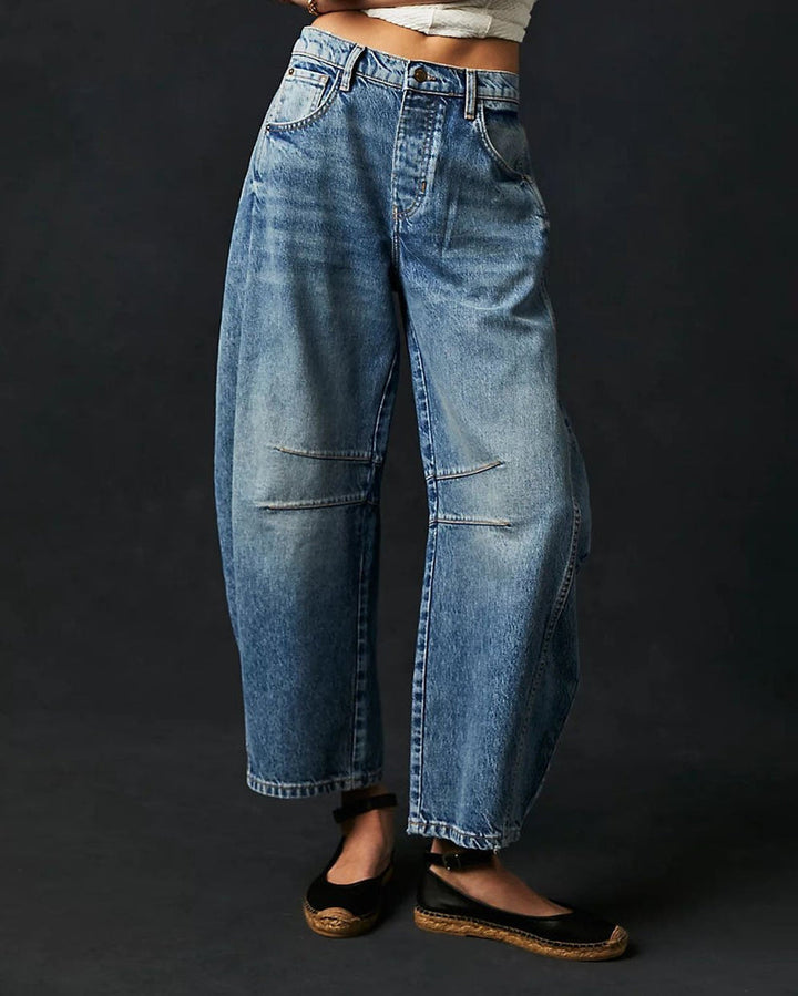 "Damen Mid Rise Barrel Jeans, lässiger Chic, verwittertes Finish, lockere Passform, modisch, 4-Taschen-Design, Knopfleiste"