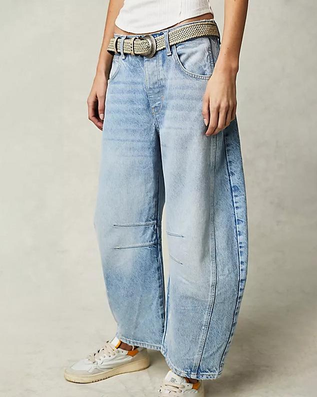 "Damen Mid Rise Barrel Jeans, lässiger Chic, verwittertes Finish, lockere Passform, modisch, 4-Taschen-Design, Knopfleiste"