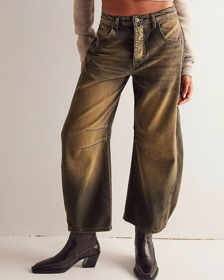 "Damen Mid Rise Barrel Jeans, lässiger Chic, verwittertes Finish, lockere Passform, modisch, 4-Taschen-Design, Knopfleiste"
