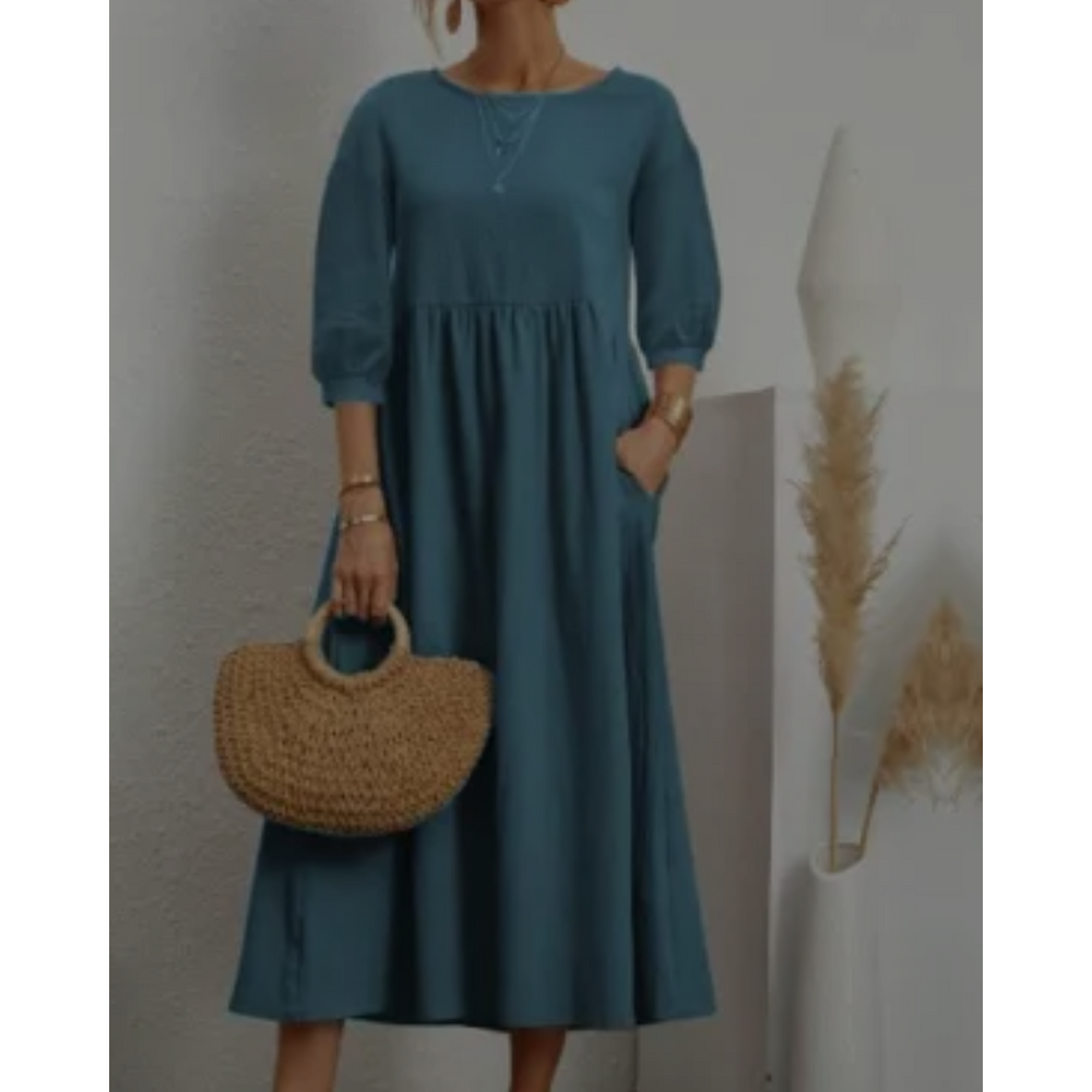 "Damen Midi Kleid mit 3/4 Ärmeln, Rundhalsausschnitt, elegant, vielseitig, in vier dezenten Farben erhältlich."