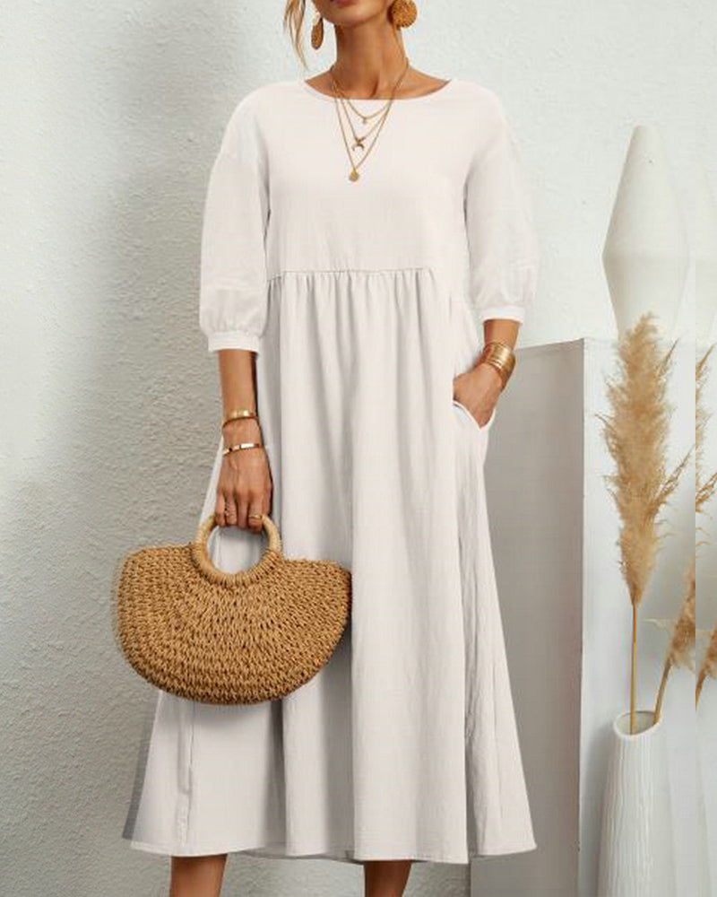 "Damen Midi Kleid mit 3/4 Ärmeln, Rundhalsausschnitt, elegant, vielseitig, in vier dezenten Farben erhältlich."
