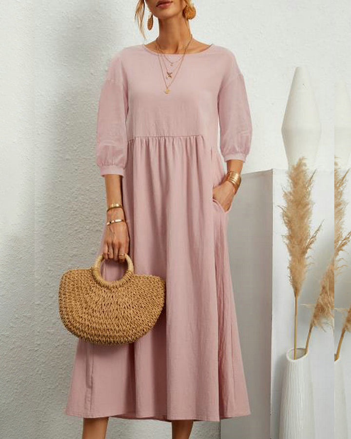 "Damen Midi Kleid mit 3/4 Ärmeln, Rundhalsausschnitt, elegant, vielseitig, in vier dezenten Farben erhältlich."