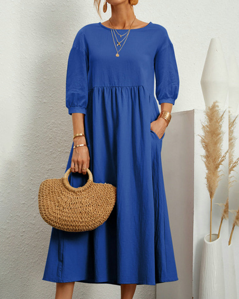 "Damen Midi Kleid mit 3/4 Ärmeln, Rundhalsausschnitt, elegant, vielseitig, in vier dezenten Farben erhältlich."