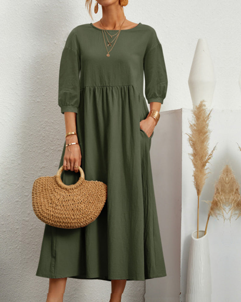 "Damen Midi Kleid mit 3/4 Ärmeln, Rundhalsausschnitt, elegant, vielseitig, in vier dezenten Farben erhältlich."