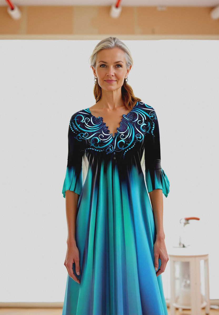 "Damen Midi Kleid mit Farbverlauf und 3/4-Ärmeln, elegantes Design, vielseitig für jeden Anlass."