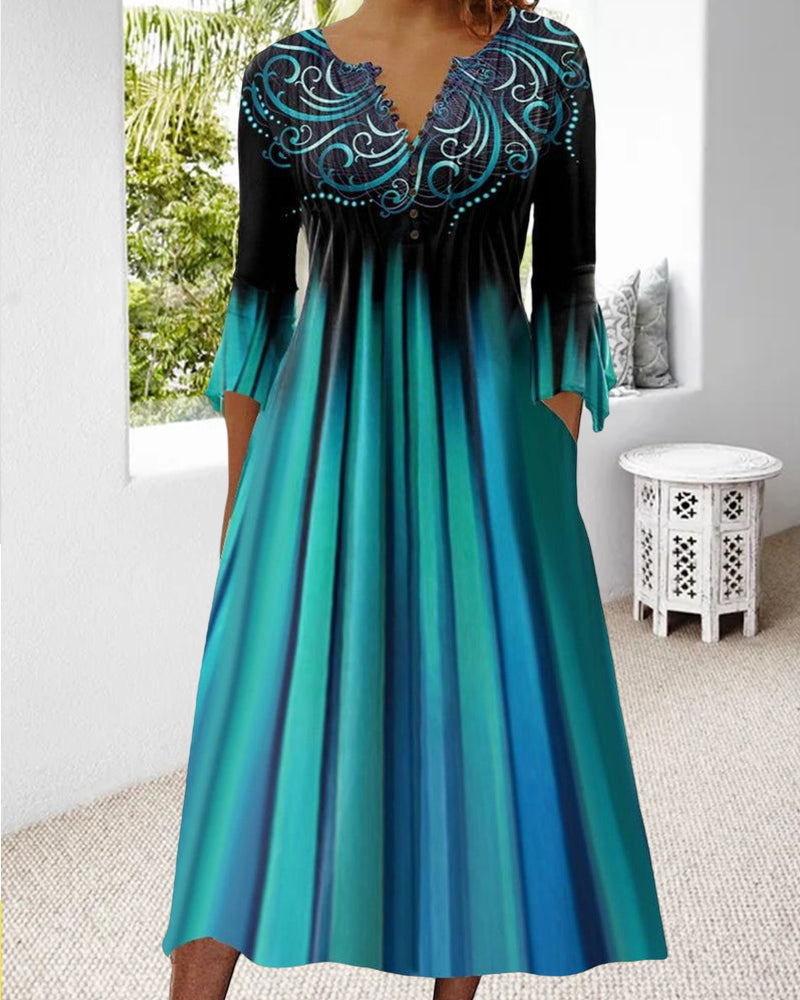 "Damen Midi Kleid mit Farbverlauf und 3/4-Ärmeln, elegantes Design, vielseitig für jeden Anlass."