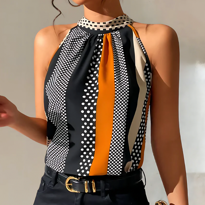 "Damen Neckholder-Top mit Polka Dots, lässig elegant, weiß, gepunktet, ideal für Sommer, vielseitig kombinierbar."