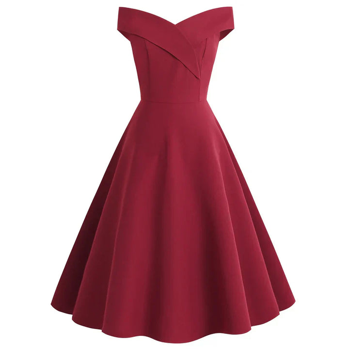 Damen Off-Shoulder Midi Kleid, A-Linie, Vintage-Stil, elegant und figurbetont, ideal für festliche Anlässe.