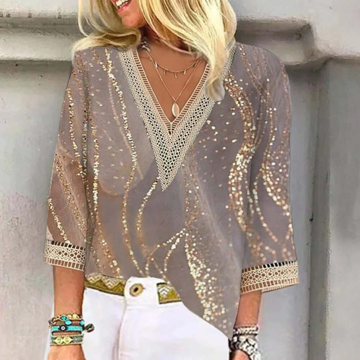 "Damen Ombre Print Bluse mit V-Ausschnitt, halbarm, elegantes Design, Ombre-Farbverlauf, stilvoll und komfortabel"