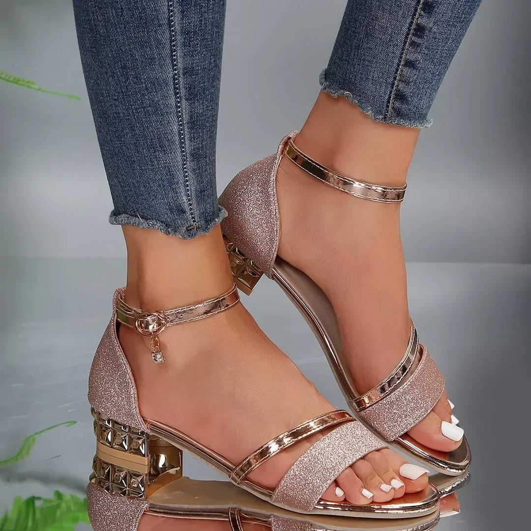 "Damen Orthopädische Sandalen, ergonomische Fersenstruktur, Klettverschluss, modisches Design, in Gold und Roségold."