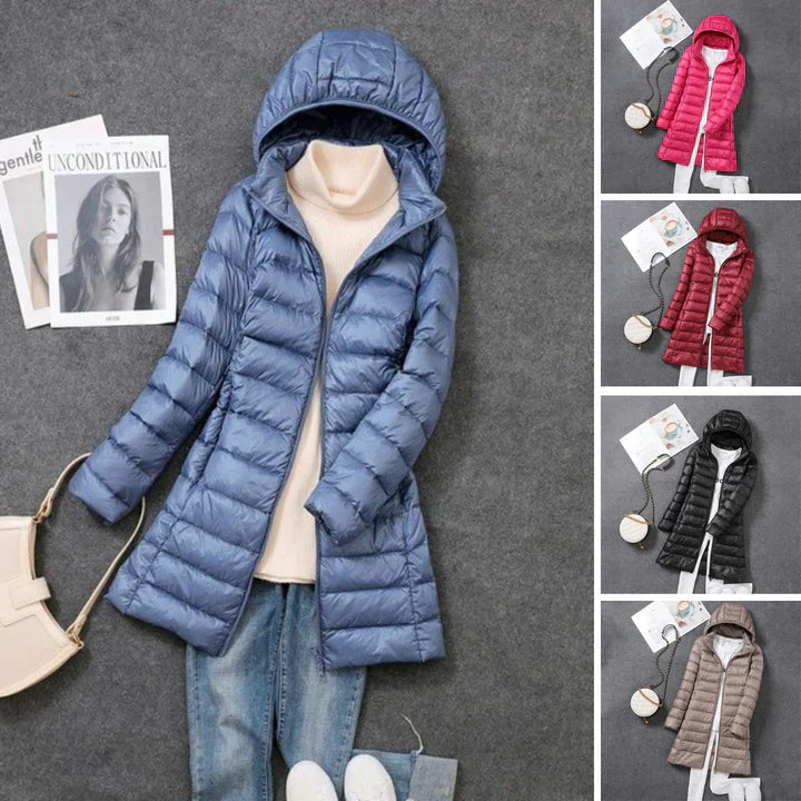 "Damen-Puffermantel, ultraleicht, grau, lang, warme Fütterung, Kapuze, packbar für stilvollen Wintertragekomfort"
