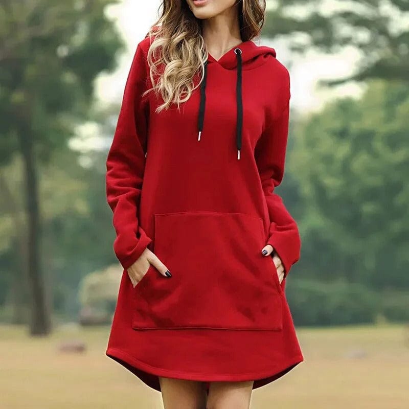 "Damen Pulloverkleid mit Kapuze, elegantes Design, ideal für Winter, lange Ärmel, vielseitig kombinierbar, gemütlicher Look"