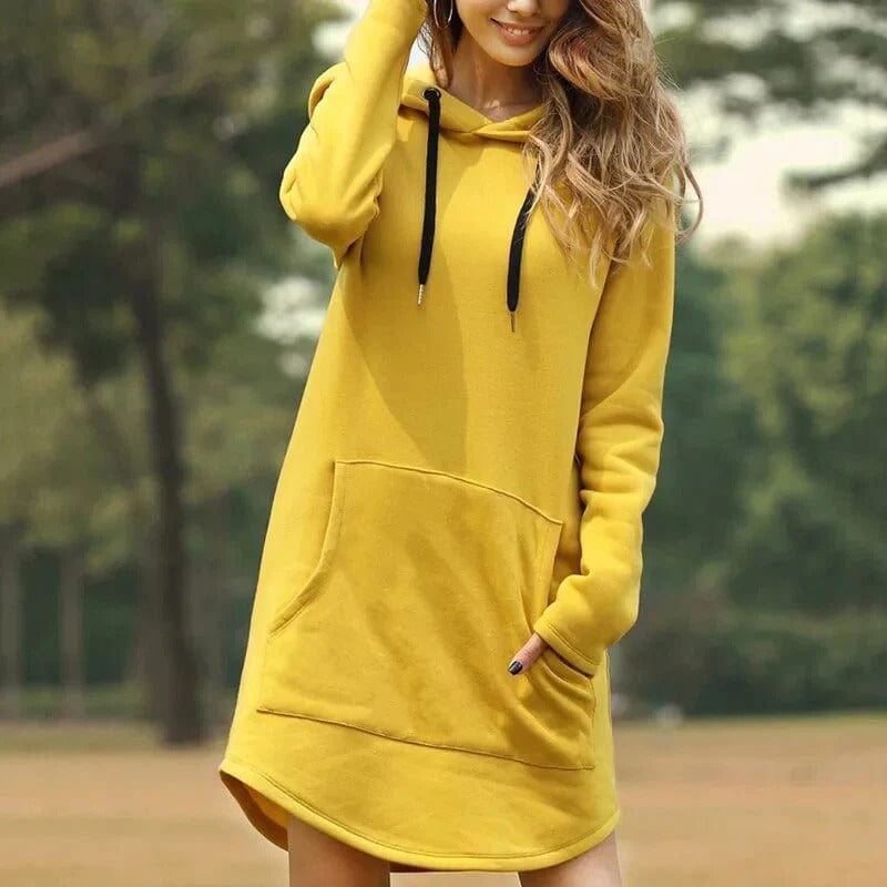 "Damen Pulloverkleid mit Kapuze, elegantes Design, ideal für Winter, lange Ärmel, vielseitig kombinierbar, gemütlicher Look"