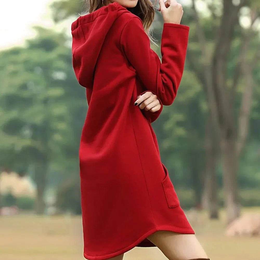 "Damen Pulloverkleid mit Kapuze, elegantes Design, ideal für Winter, lange Ärmel, vielseitig kombinierbar, gemütlicher Look"