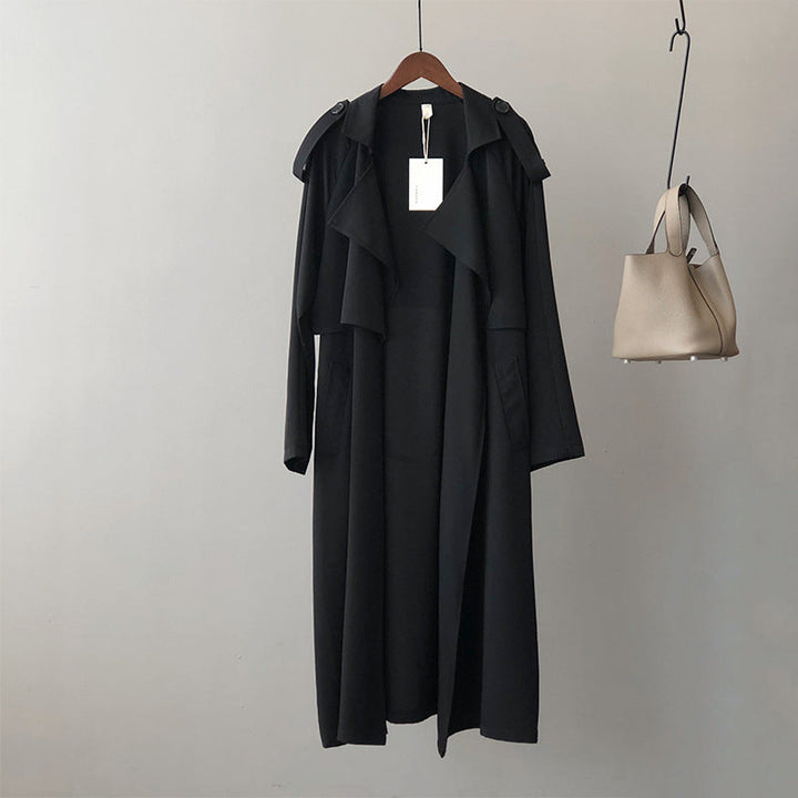 "Damen Retro Baggy-Trenchcoat in elegantem, weichen Stoff, modischer Vintage-Look, vielseitig für jeden Anlass geeignet."