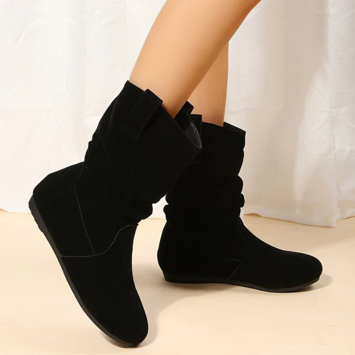 "Damen Schlupfstiefeletten, flach, vielseitig, schwarz, mit rutschfester Sohle, elegantes Design für Alltag und Komfort."