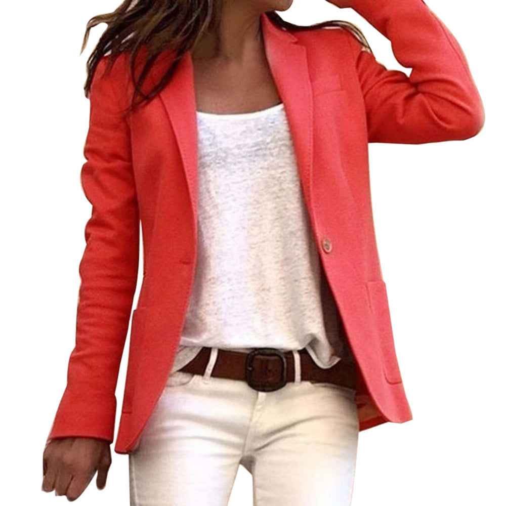 Damen Slim Fit Blazer in hellem Blau mit langen Ärmeln und klassischem Revers, ideal für Büro und elegante Anlässe.