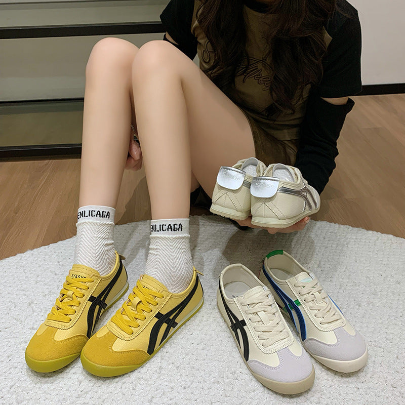 "Damen Sneaker im Retro-Stil, Veloursleder, kontrastreiche Farben, sportlich elegant, rutschfeste Sohle, komfortabel"