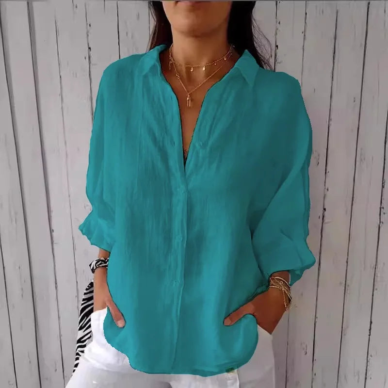 "Damen Sommer Button Down Hemd, leichtes atmungsaktives Material, langarm, lässiger Schnitt, mehrere Farbvarianten."