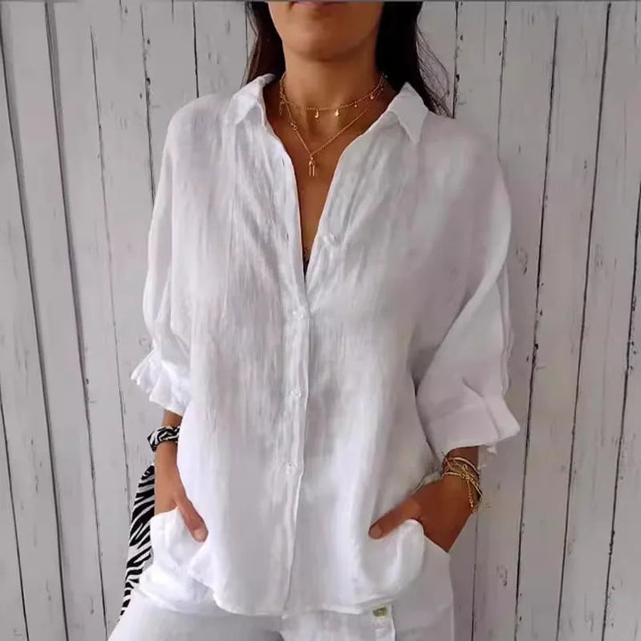 "Damen Sommer Button Down Hemd, leichtes atmungsaktives Material, langarm, lässiger Schnitt, mehrere Farbvarianten."