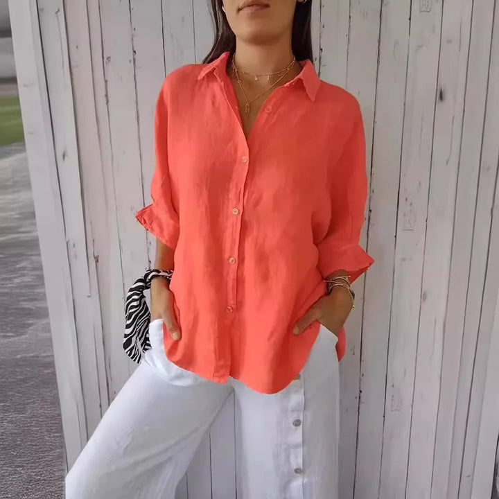 "Damen Sommer Button Down Hemd, leichtes atmungsaktives Material, langarm, lässiger Schnitt, mehrere Farbvarianten."