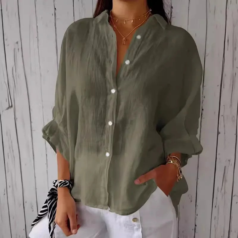 "Damen Sommer Button Down Hemd, leichtes atmungsaktives Material, langarm, lässiger Schnitt, mehrere Farbvarianten."