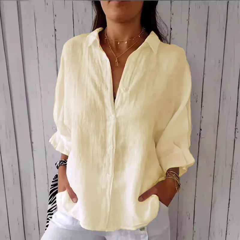 "Damen Sommer Button Down Hemd, leichtes atmungsaktives Material, langarm, lässiger Schnitt, mehrere Farbvarianten."