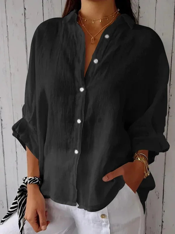 "Damen Sommer Button Down Hemd, leichtes atmungsaktives Material, langarm, lässiger Schnitt, mehrere Farbvarianten."