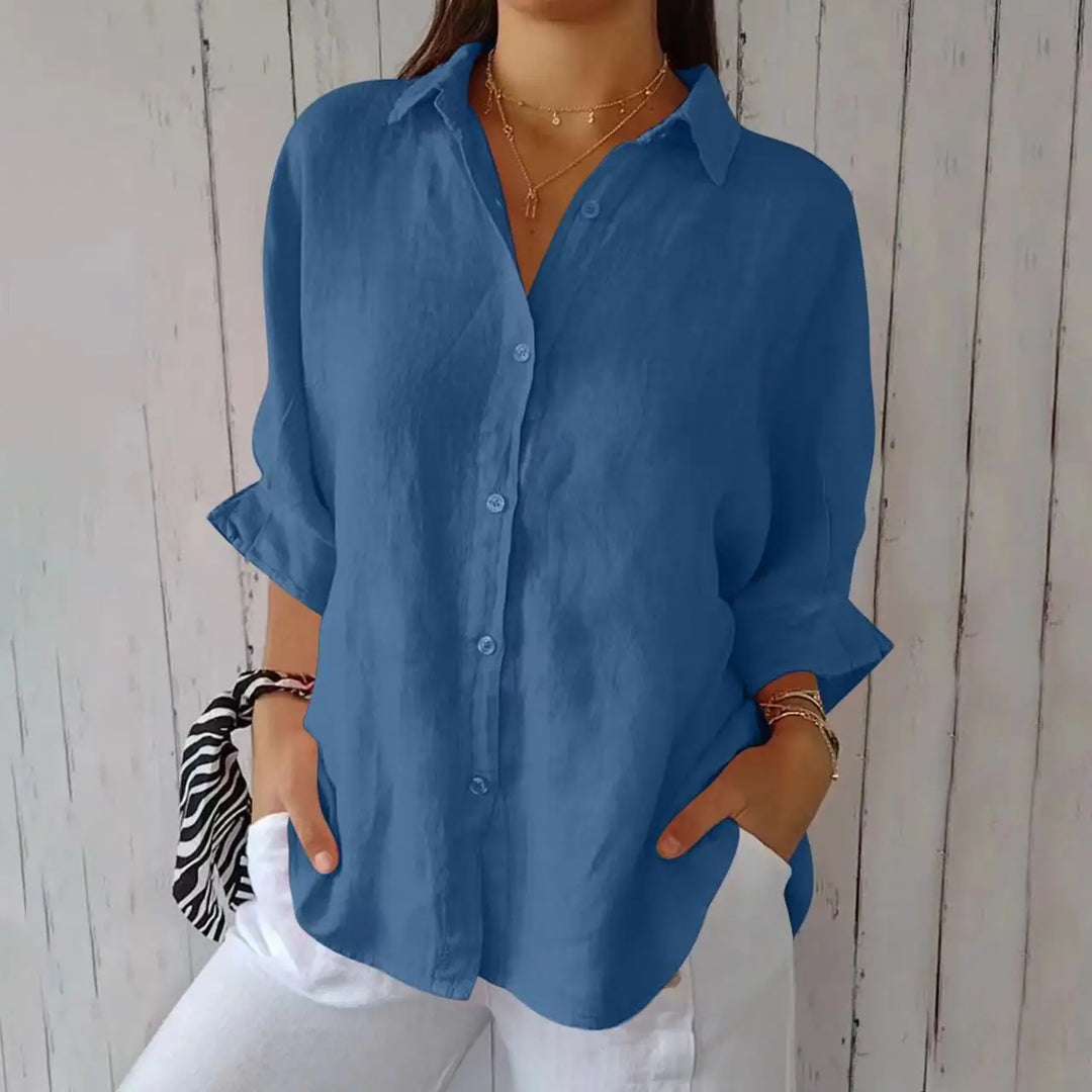 "Damen Sommer Button Down Hemd, leichtes atmungsaktives Material, langarm, lässiger Schnitt, mehrere Farbvarianten."