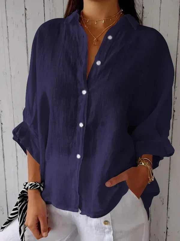 "Damen Sommer Button Down Hemd, leichtes atmungsaktives Material, langarm, lässiger Schnitt, mehrere Farbvarianten."