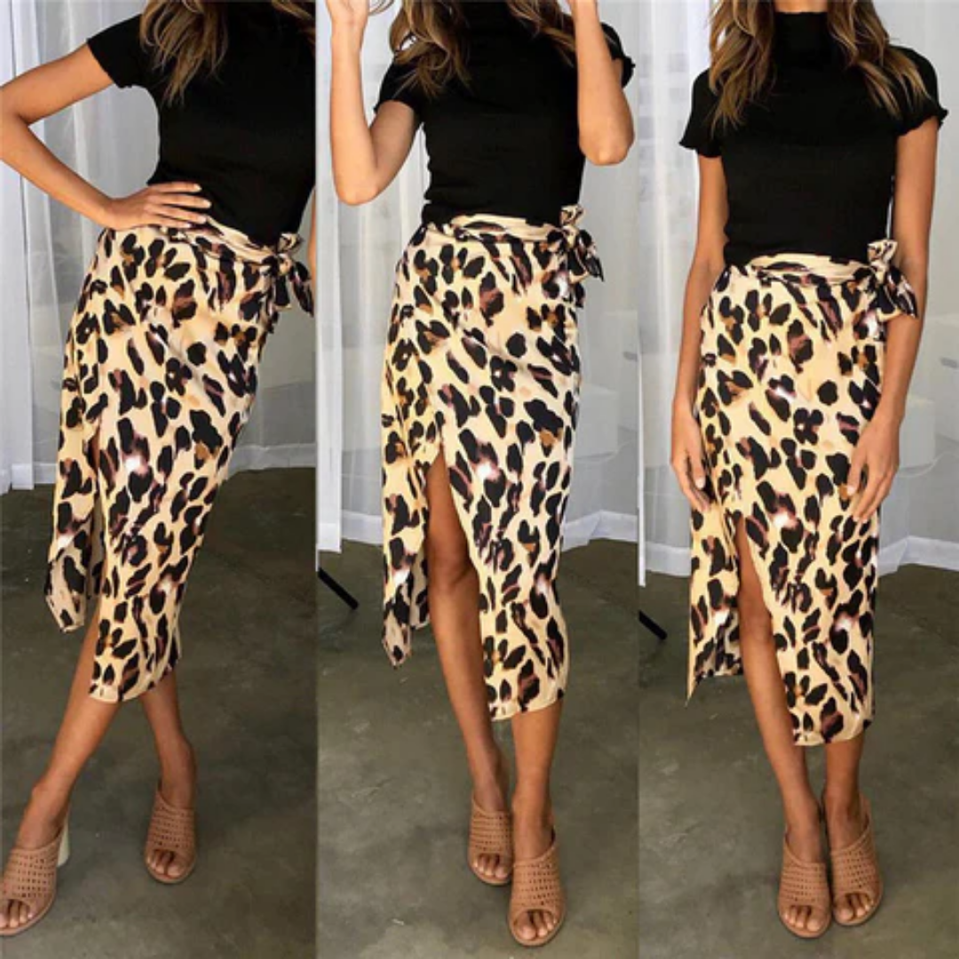 "Damen Sommer Midi-Rock mit Leopard-Print, seitlichem Schlitz; figurbetont und elegant für stilvolle Auftritte."