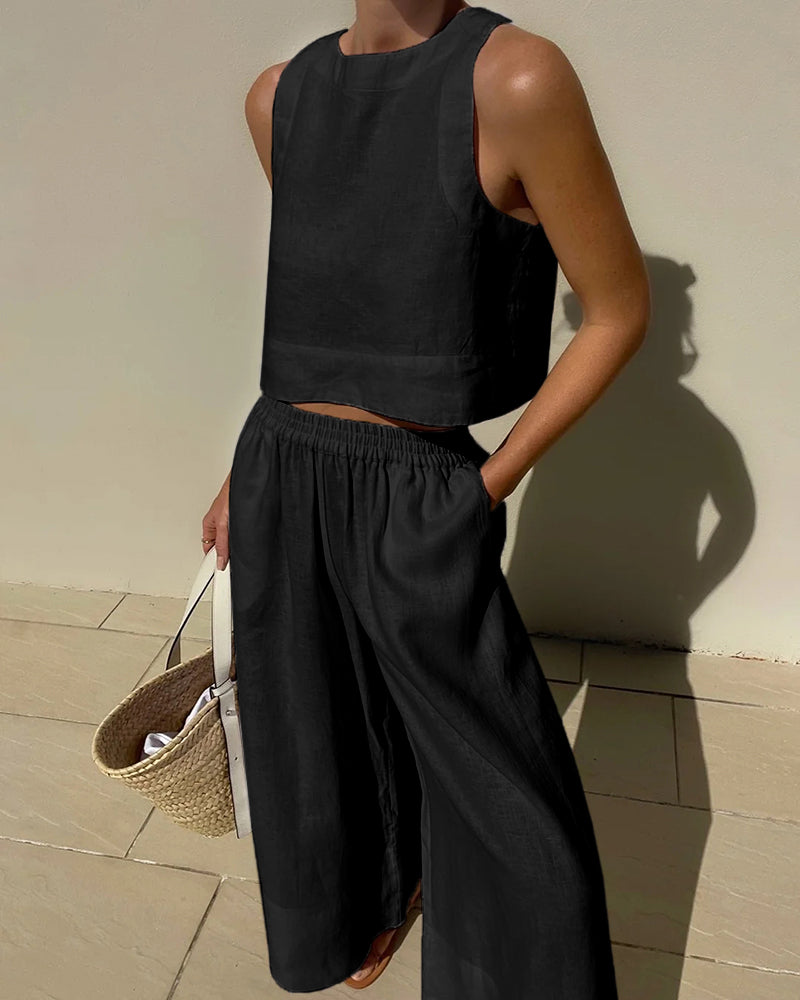 "Damen Sommer Zweiteiler-Set aus leichtem Stoff, minimalistisch in dezenten Farben, lockere Passform, elegant und luftig."