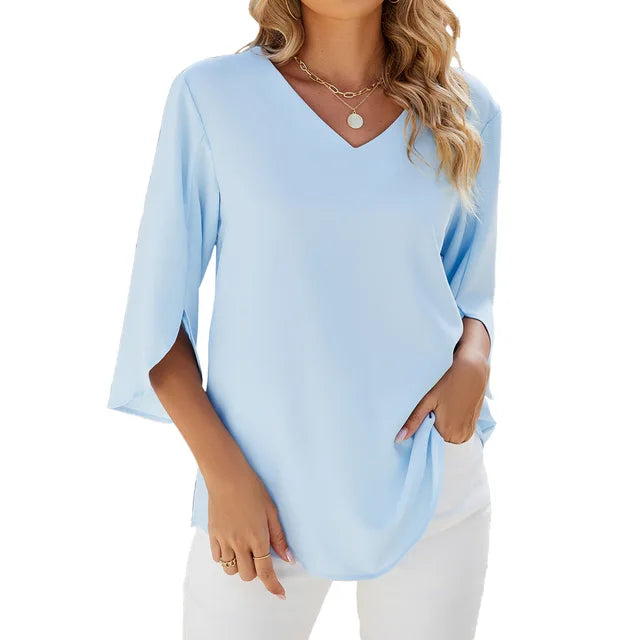 "Damen Sommerbluse, elegant, 3/4-Ärmel, V-Ausschnitt, vielseitig kombinierbar, stilvoll, atmungsaktives Material"