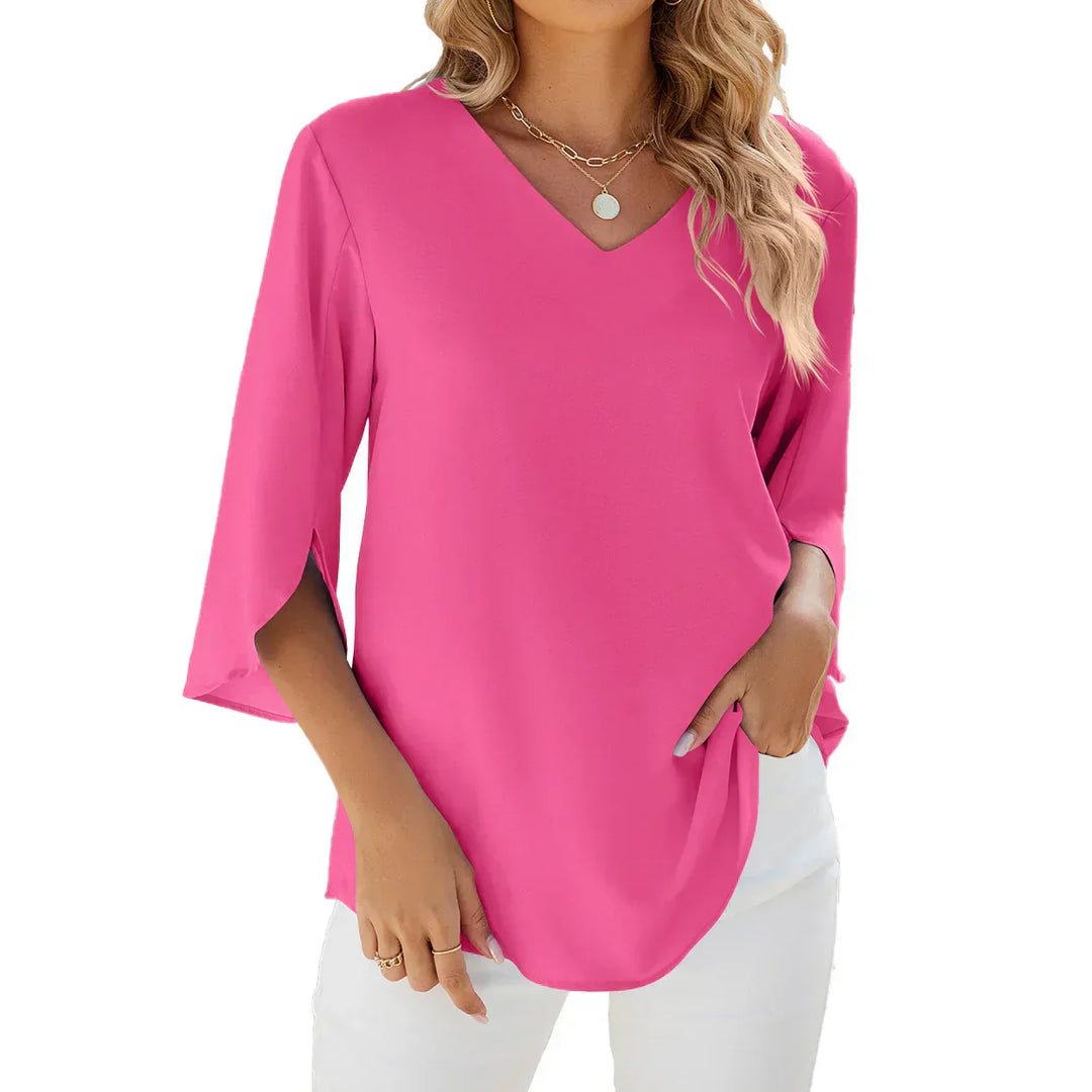 "Damen Sommerbluse, elegant, 3/4-Ärmel, V-Ausschnitt, vielseitig kombinierbar, stilvoll, atmungsaktives Material"