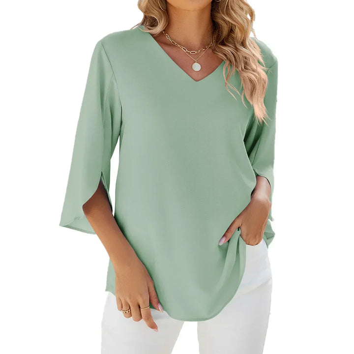 "Damen Sommerbluse, elegant, 3/4-Ärmel, V-Ausschnitt, vielseitig kombinierbar, stilvoll, atmungsaktives Material"
